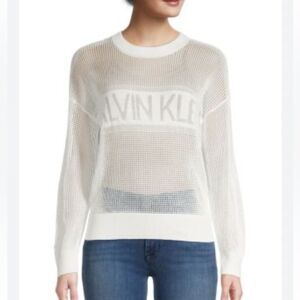 NWOT Calvin Klein | White Mesh Open Weave Logo Crewneck Pullover Sweater XL